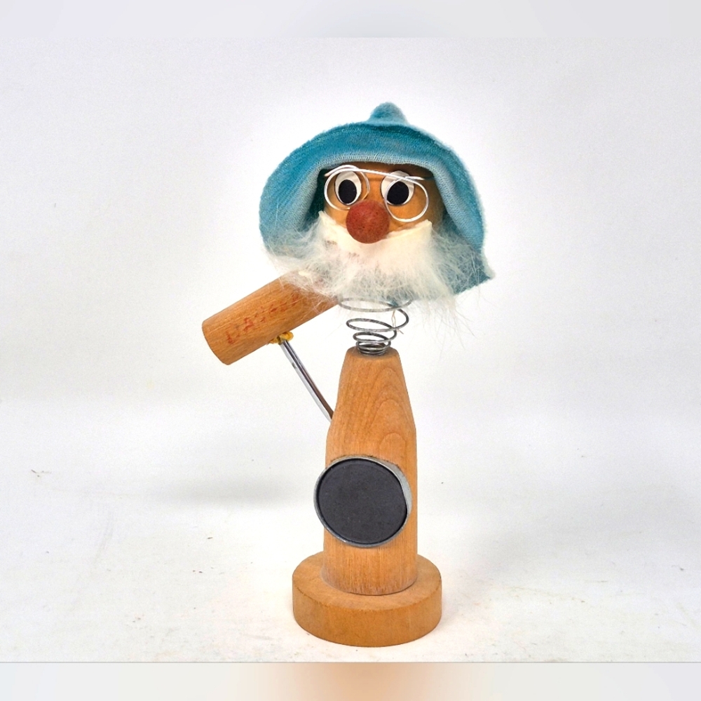 Vintage Steinbach Wooden Man With Hat And Glasses Cork Screw Bobble Head Magnet